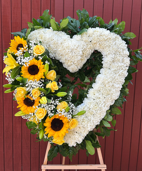 Sunlit Memories - Funeral Heart with White Carnations & Yellow Flowers