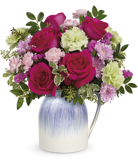 Spring In The Country Side - Pitcher Bouquet with Roses, Carnations, and Chrysanthemum