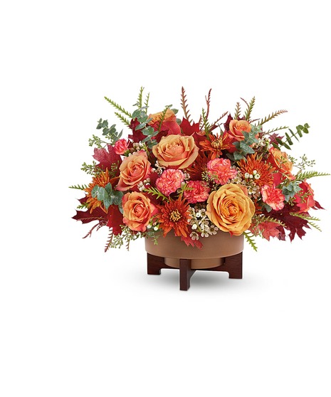 Modern Copper Centerpiece with orange roses, bronze chrysanthemums, carnations, and eucalyptus in a copper planter with stand