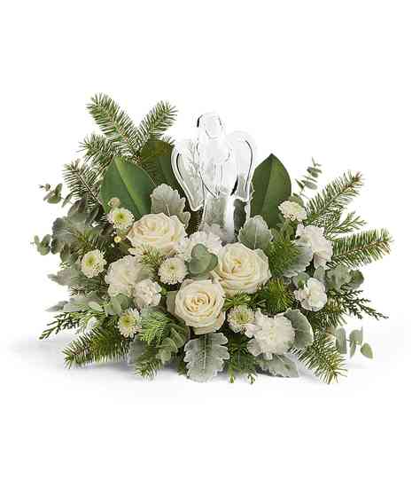 Light of Love Bouquet with white roses, mums, and Crystal Angel