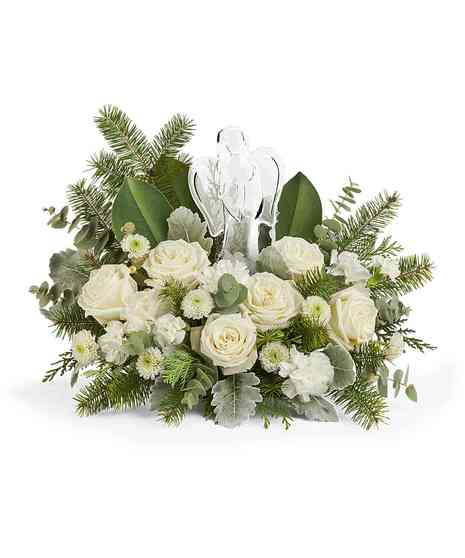 Light of Love Bouquet with white roses, mums, and Crystal Angel