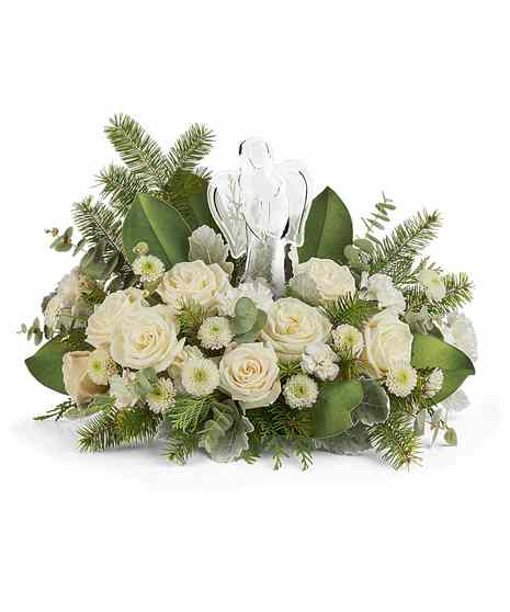 Light of Love Bouquet with white roses, mums, and Crystal Angel