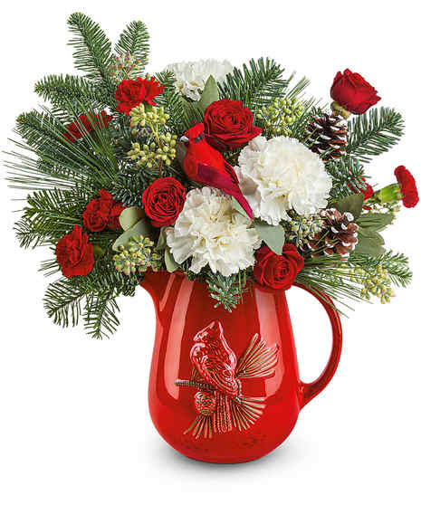 Scarlet Cardinal Bouquet with white roses, red spray roses, and pitcher