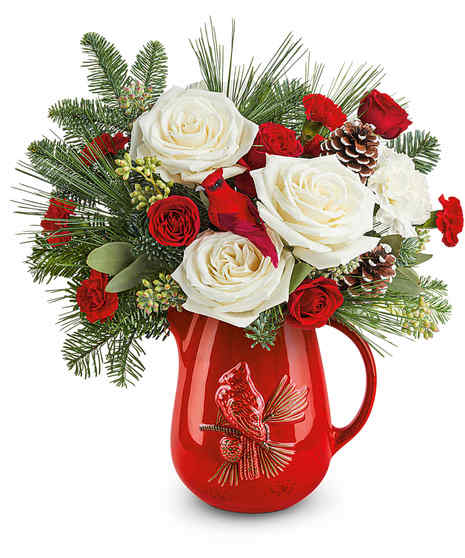 Scarlet Cardinal Bouquet with white roses, red spray roses, and pitcher