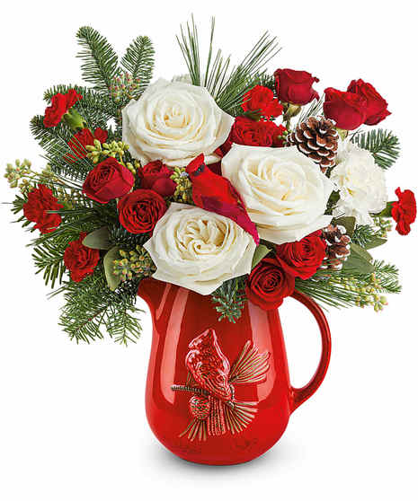 Scarlet Cardinal Bouquet with white roses, red spray roses, and pitcher