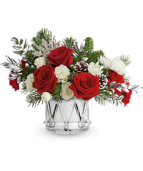 Silver Wishes Bouquet with white spray roses, red carnations, and Crystal Drum Vase