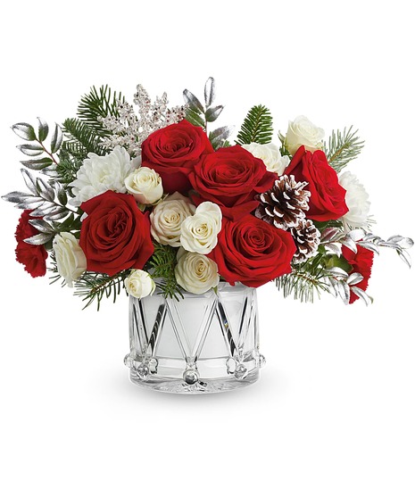 Silver Wishes Bouquet with white spray roses, red carnations, and Crystal Drum Vase
