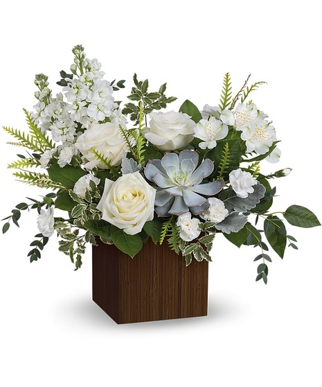Just Breathe Bouquet: Serene White Blooms in a Dark Brown Wood Box