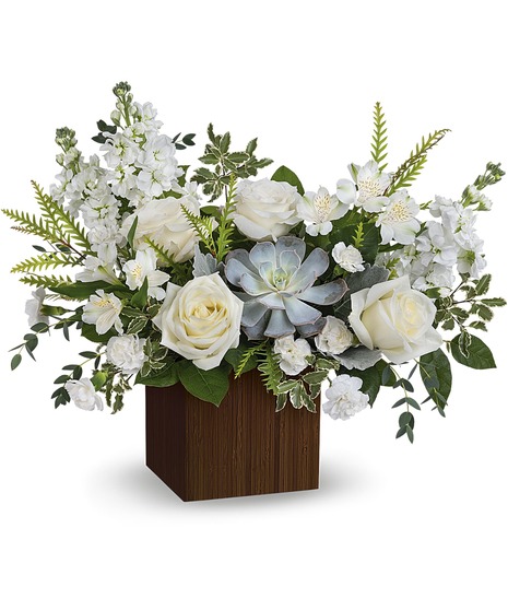 Just Breathe Bouquet: Serene White Blooms in a Dark Brown Wood Box