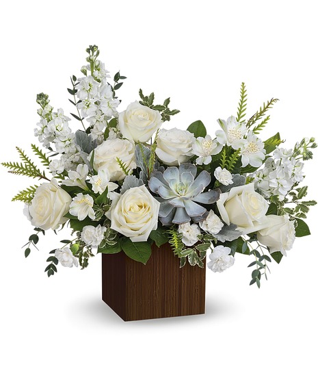Just Breathe Bouquet: Serene White Blooms in a Dark Brown Wood Box