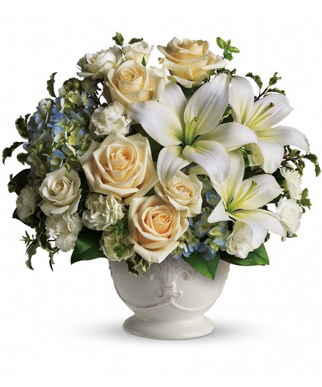 Beautiful Dreams - Bouquet with White Lilies & Roses in a French Country Pot