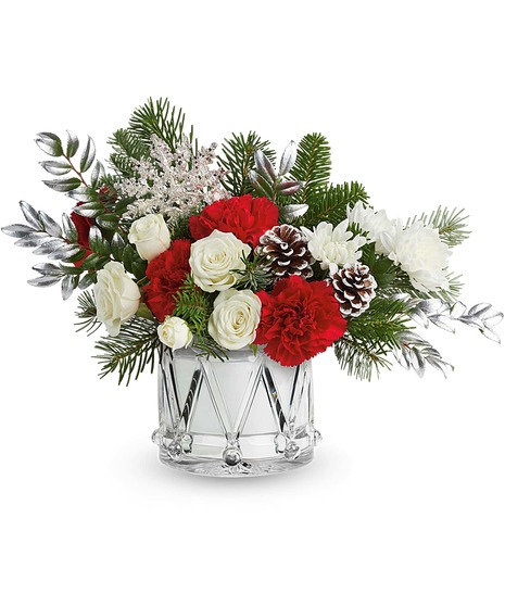 Silver Wishes Bouquet with white spray roses, red carnations, and Crystal Drum Vase