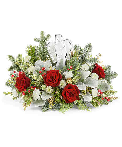 Joy to the World Bouquet with red roses, white mums, and Crystal Angel