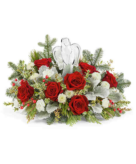 Joy to the World Bouquet with red roses, white mums, and Crystal Angel
