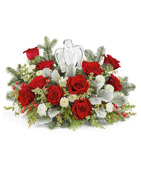 Joy to the World Bouquet with red roses, white mums, and Crystal Angel