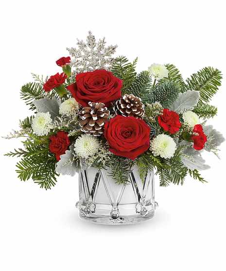 Little Drummer Joy Bouquet with red roses, white mums, and Crystal Drum Vase