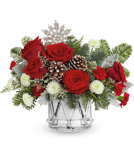 Little Drummer Joy Bouquet with red roses, white mums, and Crystal Drum Vase