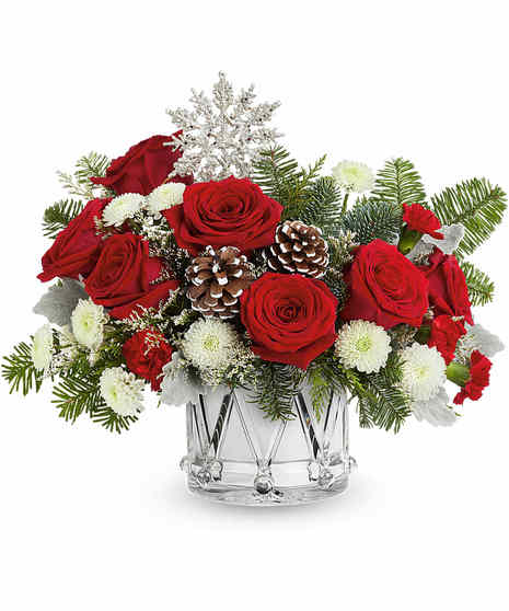 Little Drummer Joy Bouquet with red roses, white mums, and Crystal Drum Vase